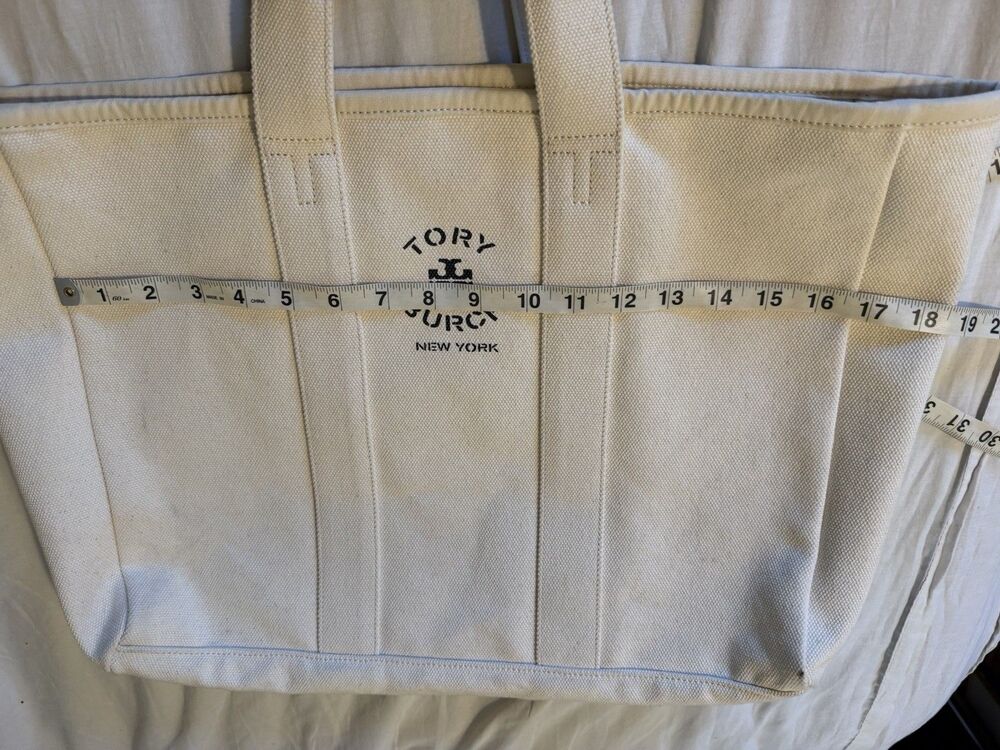 Tory Burch Large Canvas Tote Natural/Navy Blue Trim Market Shopper Beach 17x13 - Picture 13 of 15